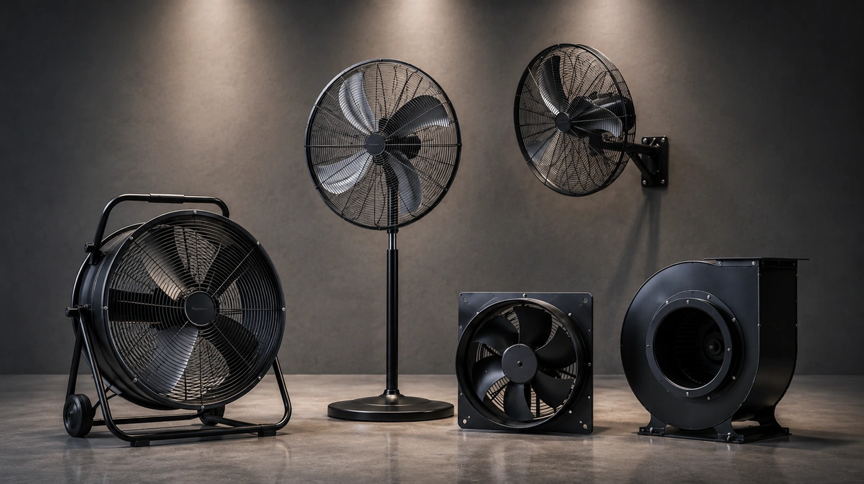 Gran ventilador industrial centrífugo instalado en un sistema de ventilación de fábrica con conductos de acero de alta resistencia y montaje seguro en el suelo.