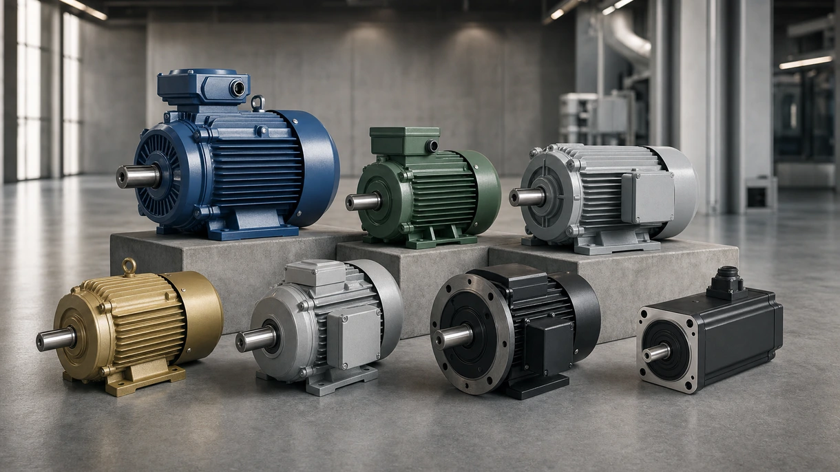 Motor AC industrial accionando un sistema de cinta transportadora en un moderno almacén logístico automatizado para la manipulación de materiales pesados.