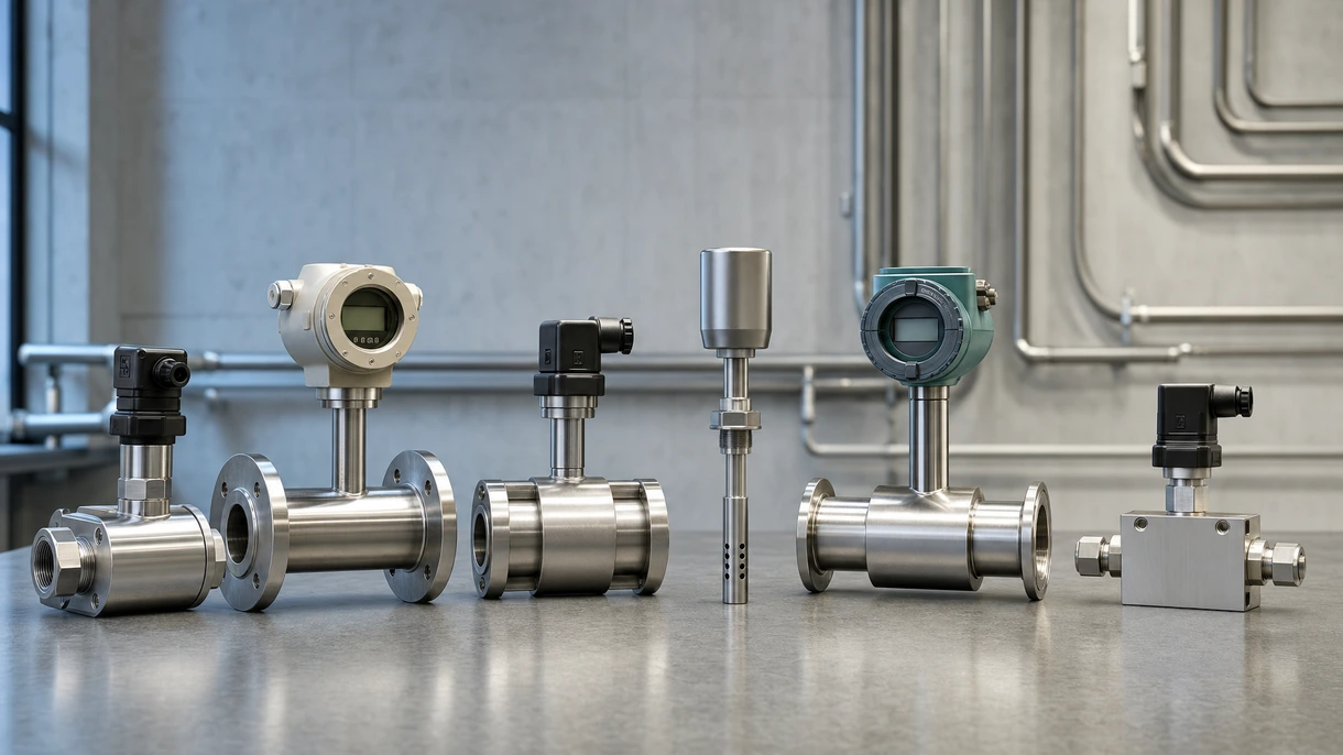 Caudalímetro másico de Coriolis industrial instalado en una tubería de acero inoxidable dentro de un entorno de producción de una planta de procesamiento químico.