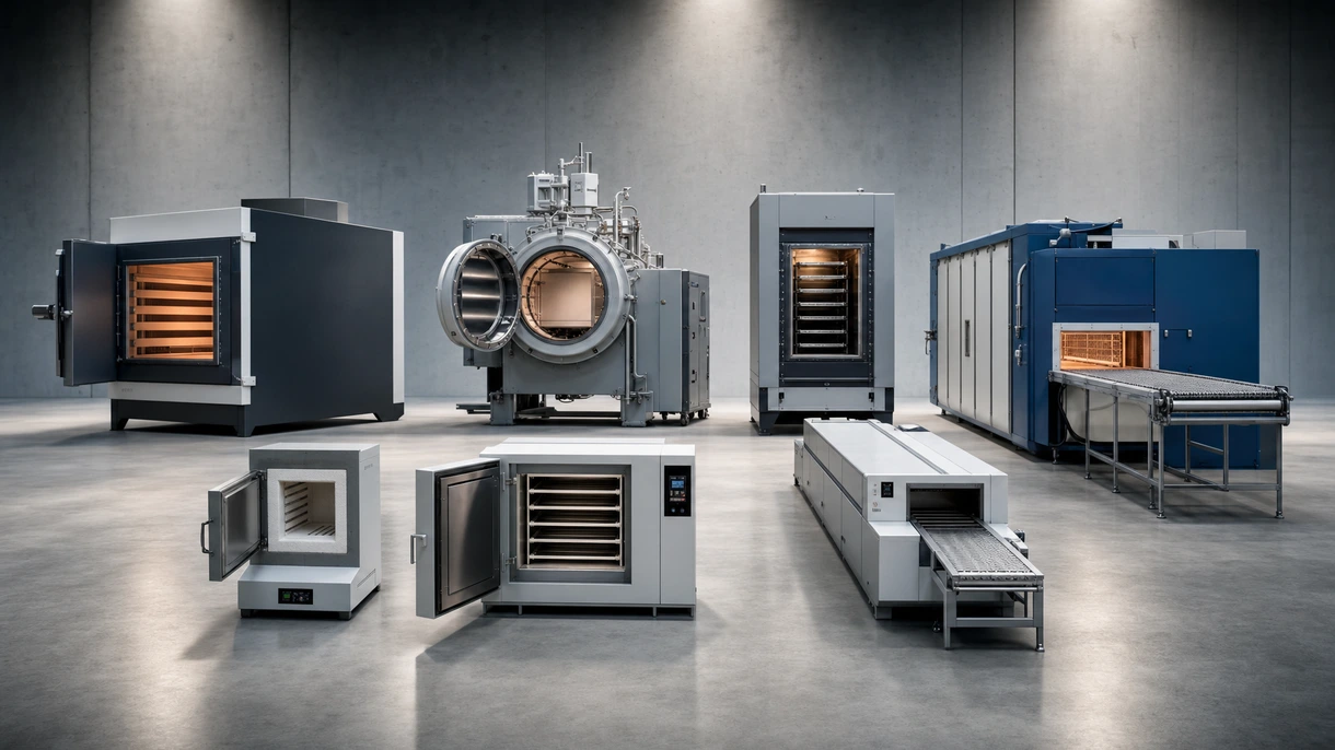 Horno de tratamiento térmico industrial en una planta de fabricación procesando componentes metálicos para líneas de producción automotriz.