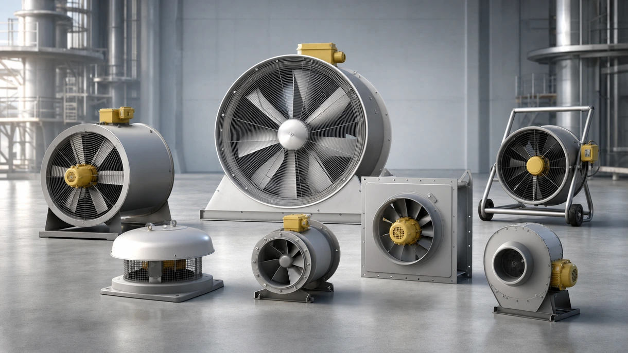 Ventilador ATEX axial industrial antideflagrante instalado en una planta de procesamiento químico para la extracción de vapores peligrosos y la gestión de la seguridad laboral.