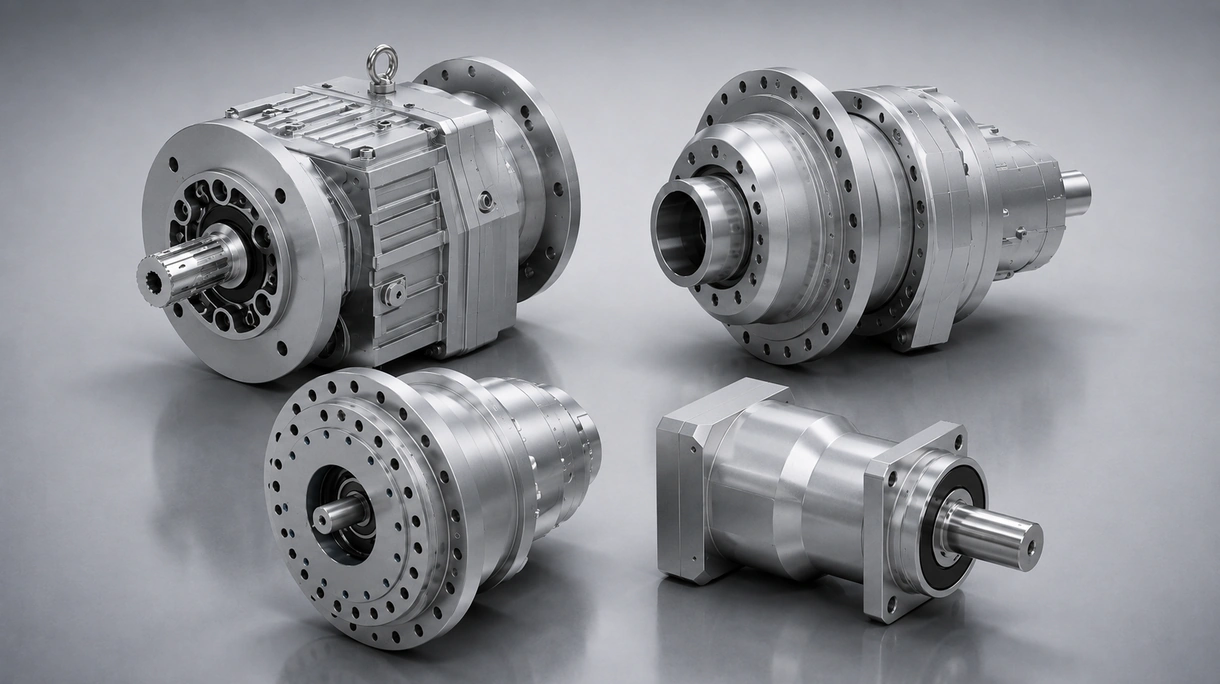 Reductor coaxial en línea acoplado a un motor eléctrico que acciona una cinta transportadora de alta resistencia en una planta logística de clasificación.