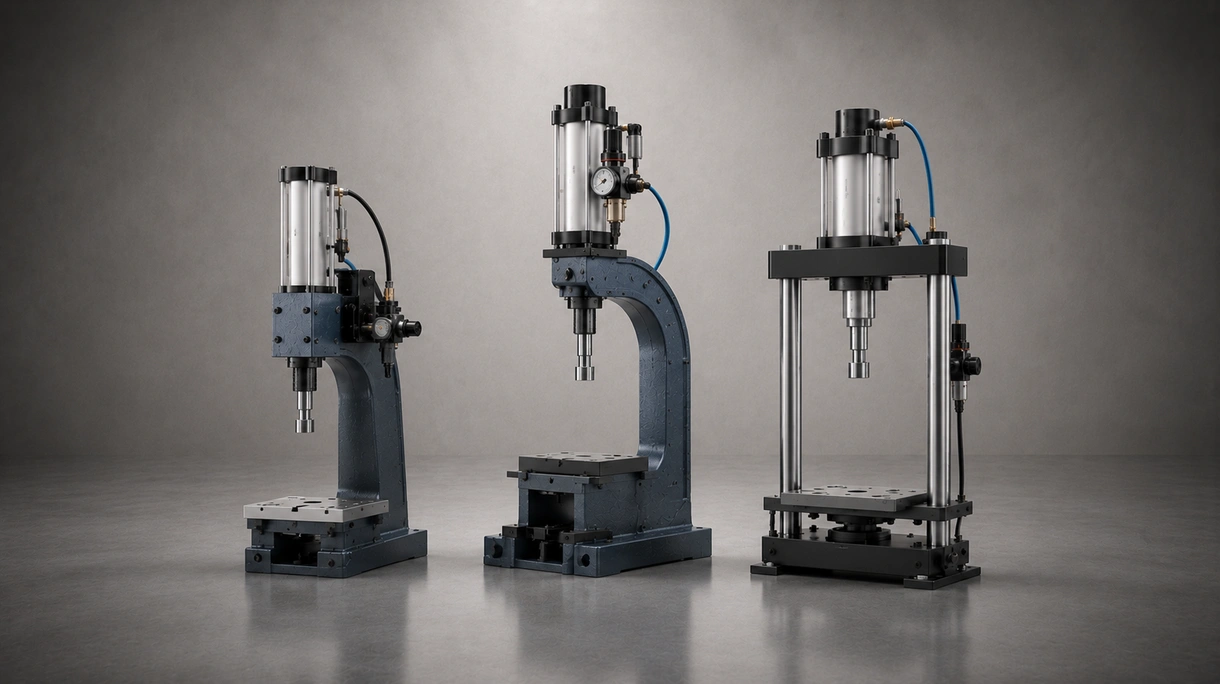 Prensa neumática industrial en una línea de producción realizando remachado de metal de precisión con barreras fotoeléctricas de seguridad integradas.