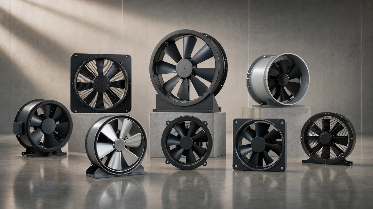 Unidad de ventilador axial industrial instalada en el sistema de ventilación de una planta de fabricación para la regulación de la temperatura y la gestión de la calidad del aire.