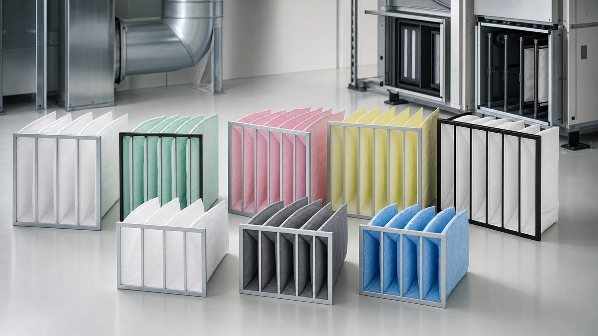 Filtro de bolsa sintético instalado en una unidad de tratamiento de aire industrial de acero inoxidable durante un procedimiento de mantenimiento rutinario de la instalación.