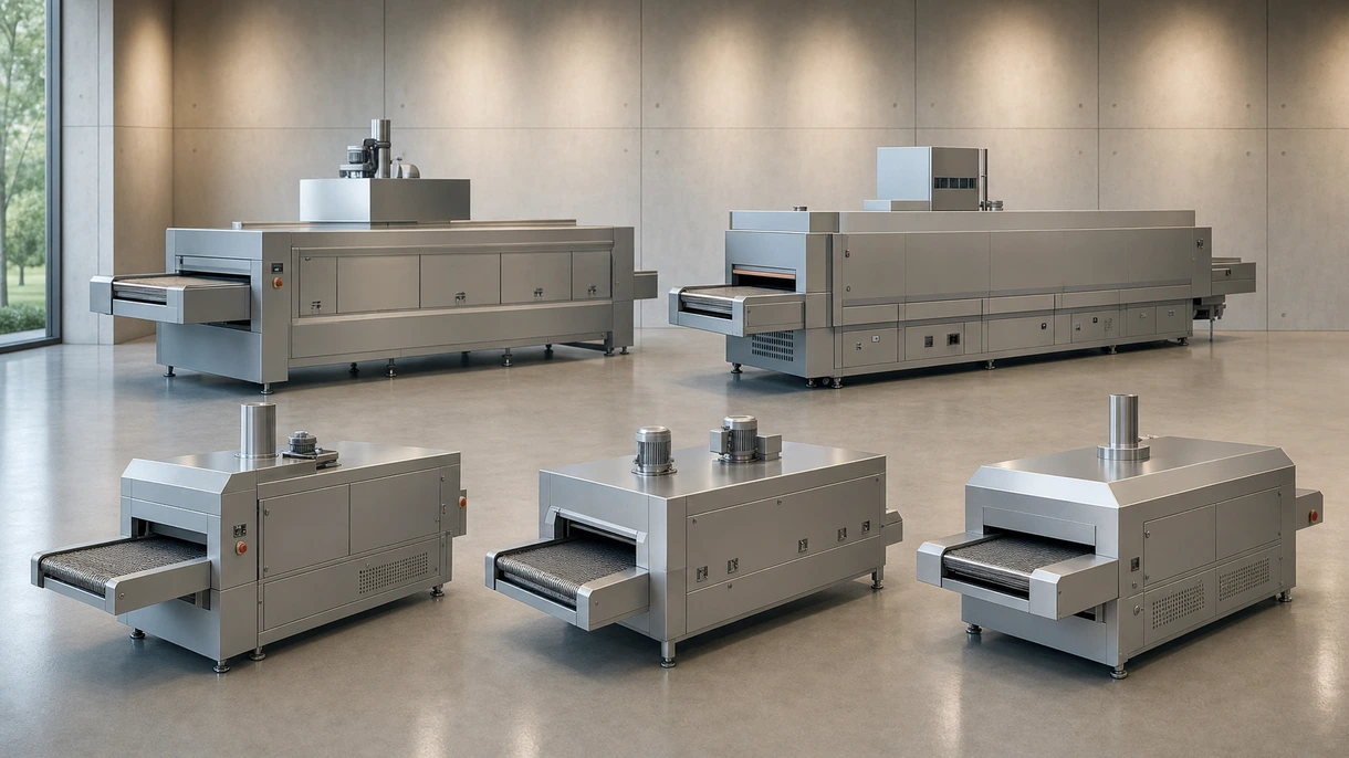 Horno de túnel industrial integrado en una línea de producción automatizada para el curado de componentes electrónicos de gran volumen.