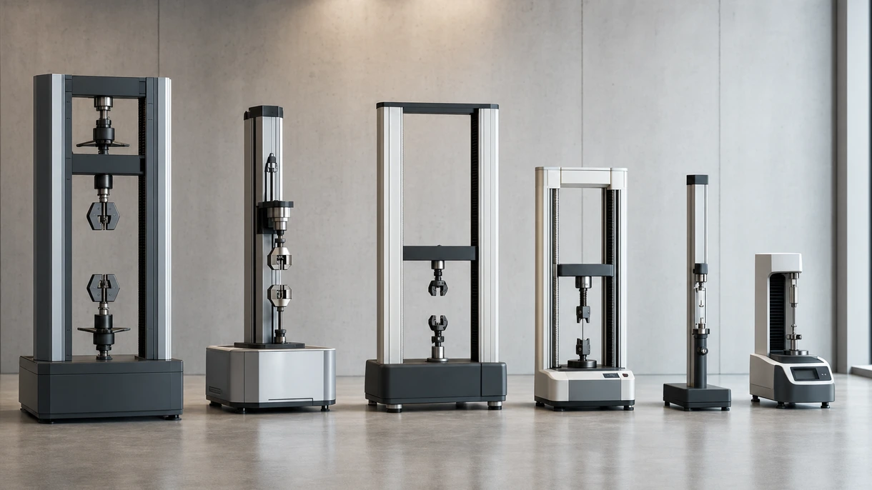 Técnico industrial realizando un ensayo de resistencia a la tracción en una probeta metálica utilizando una máquina de prueba universal de doble columna.