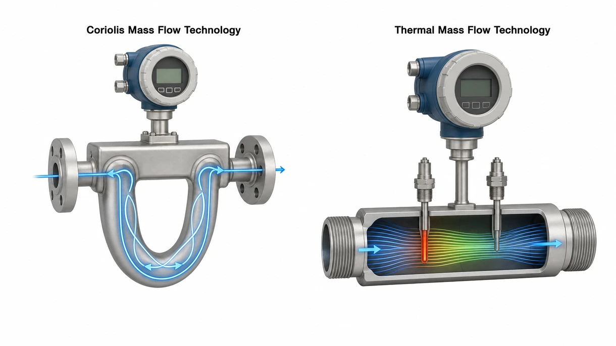 Primer plano técnico del cabezal de un sensor de caudalímetro másico térmico que muestra la sonda de precisión y la robusta carcasa del transmisor.