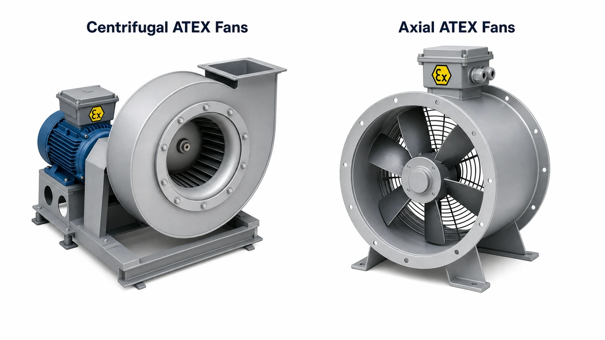 Detalle técnico de un impulsor de aluminio antichispas y carcasa de motor antideflagrante en un ventilador ATEX centrífugo de alta presión.
