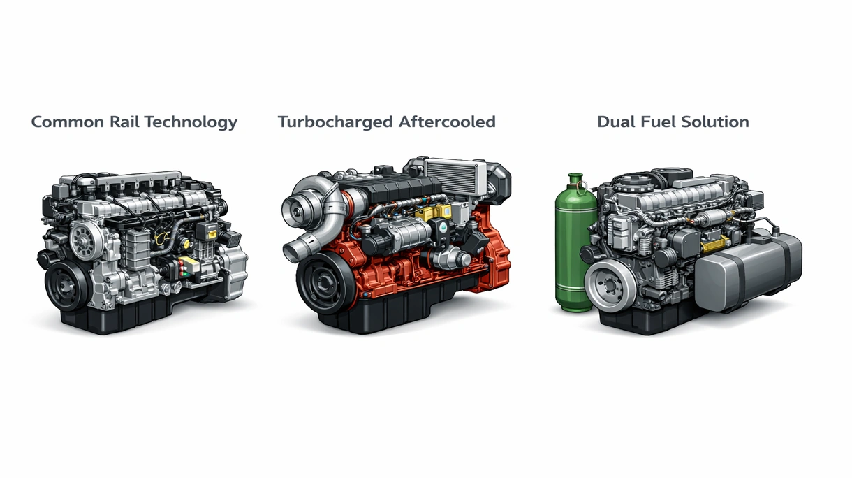Primer plano detallado de un sistema de inyección de combustible common rail de alta presión en un bloque de motor diésel industrial moderno turboalimentado.