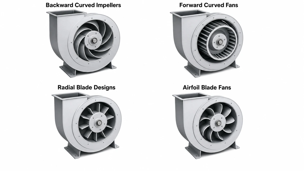 Primer plano técnico de un rodete de acero inoxidable curvado hacia atrás, que muestra el diseño aerodinámico de los álabes para un soplador industrial.