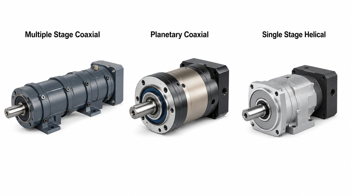 Primer plano de los engranajes helicoidales internos y los ejes de acero templado dentro de la carcasa de un reductor coaxial industrial mecanizado con precisión.