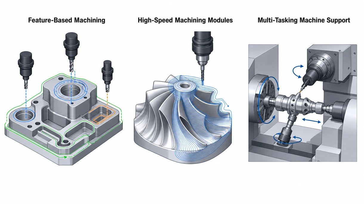 Visualización técnica detallada de una fresa simulada siguiendo una trayectoria de mecanizado de alta velocidad en un álabe de turbina complejo.