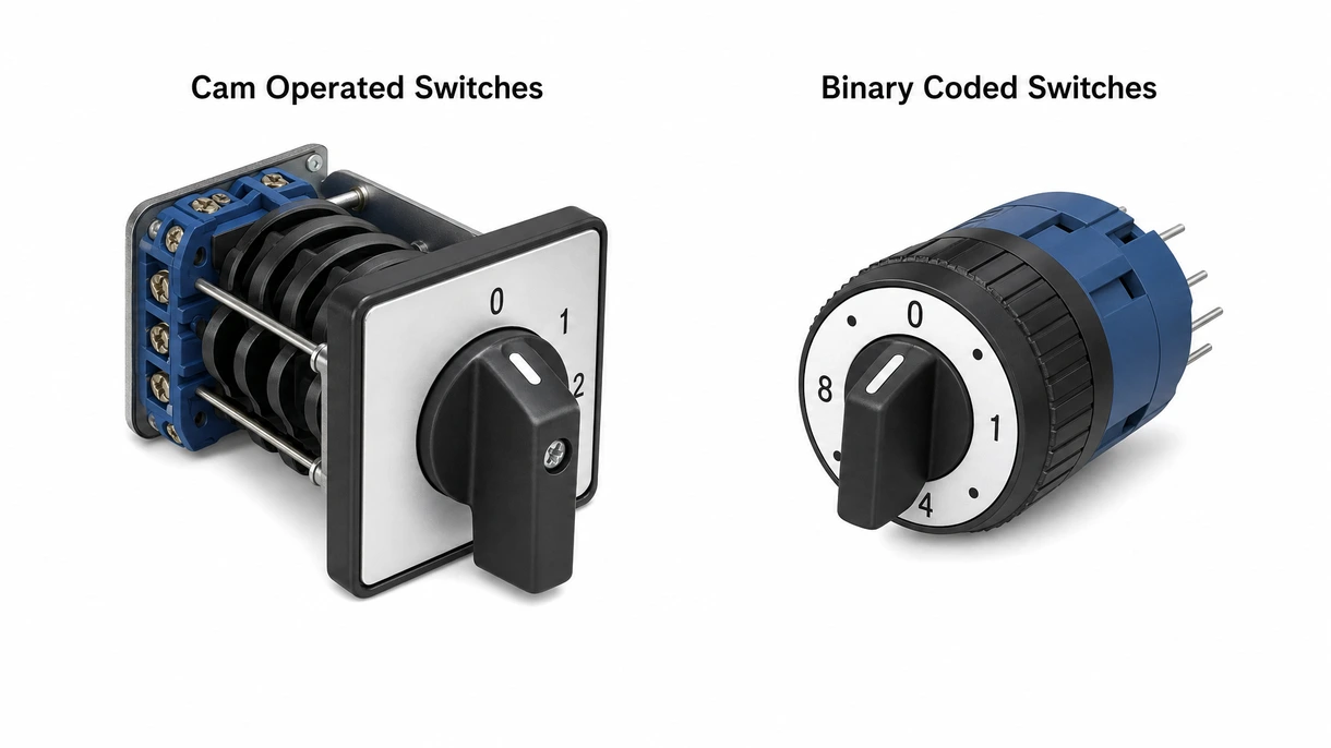 Primer plano técnico que muestra los contactos internos y las cubiertas modulares de un interruptor rotativo industrial accionado por levas para alta tensión.
