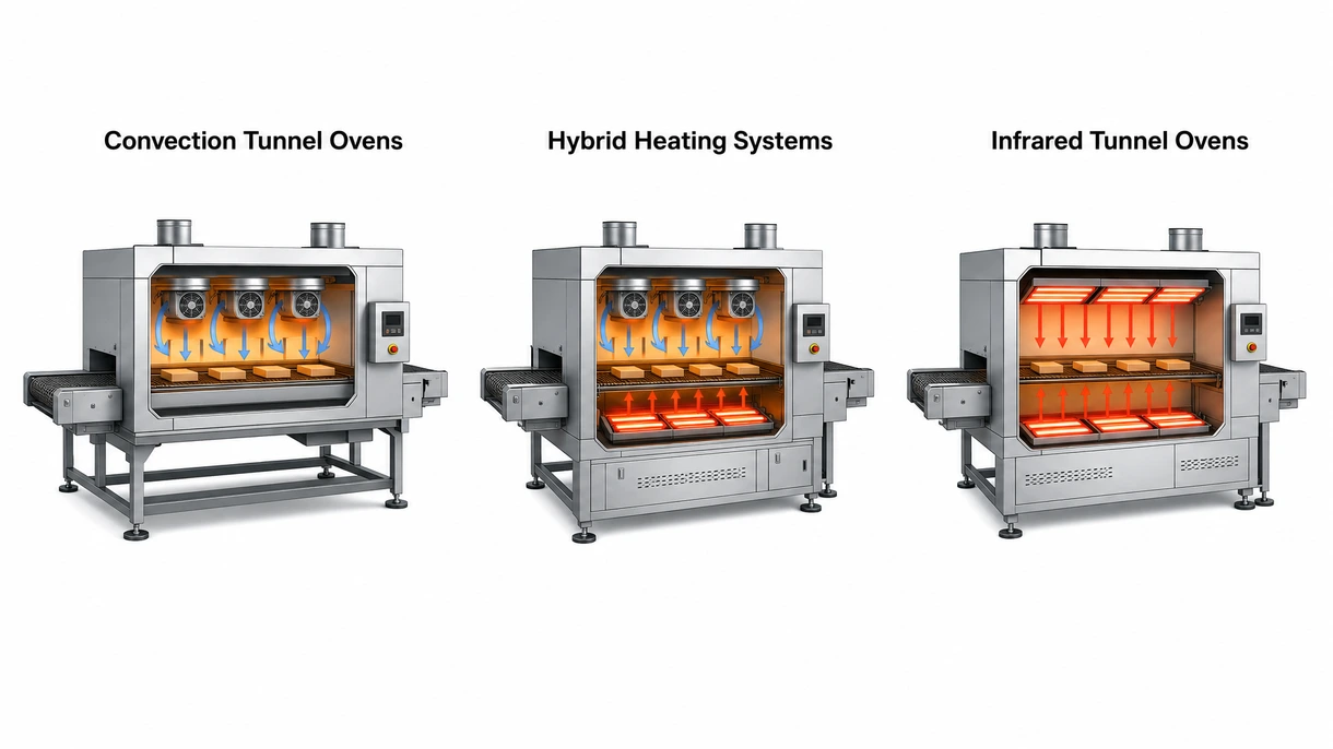 Vista detallada de los elementos calefactores por infrarrojos y el sistema de cinta transportadora ajustable dentro de un horno industrial de alta temperatura.