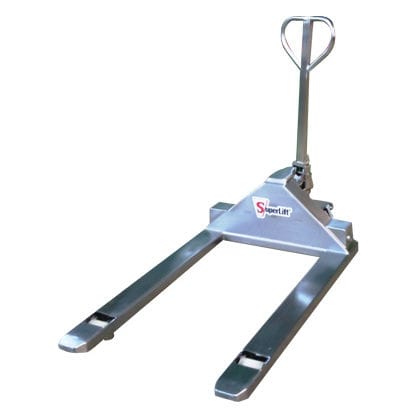 Transpaleta manual - superlift material handling - con operador a pie / de acero inoxidable / de horquilla larga