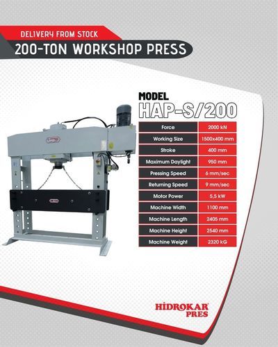 Prensa hidráulica - HAP-S/200 - HIDROKAR PRES INDUSTRY AND TRADE CO. - motorizada / de formado / de enderezar