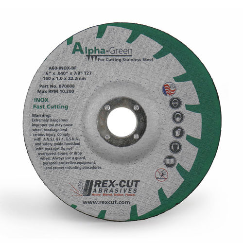 Disco tronzador para acero inoxidable - Alpha-Green - Rex-Cut Abrasives - de óxido de aluminio / reforzado con fibra de vidrio