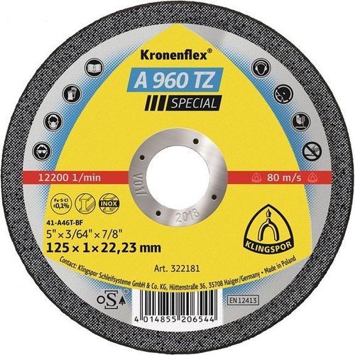 Disco tronzador para chapas - A 960 TZ Special - KLINGSPOR - para acero inoxidable / fino / para amoladora angular
