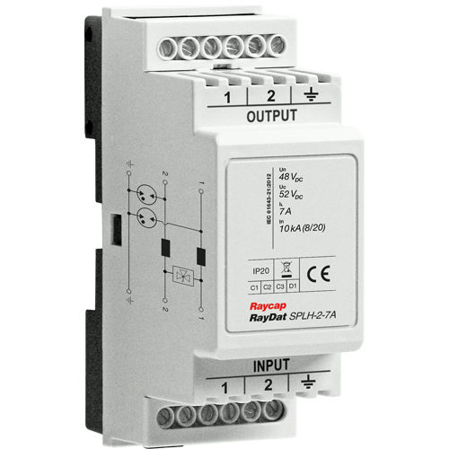 Protector de sobretensión para alimentación continua - RayDat SPLH - Raycap - compacto / con descarga de gas / en riel DIN