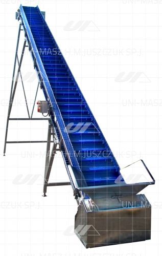 Transportador de cinta de charnela - Uni-Masz H.M. Juszczuk Sp.j. - inclinado / para ascensor / para la industria alimentaria
