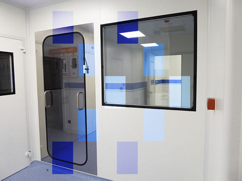Puerta con salida de emergencia - PSE - ALBIAN GROUP - con bisagra / de acero inoxidable / para sala blanca