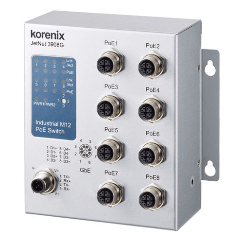 Conmutador Ethernet no administrable - JetNet 3908G-M12 - Korenix Technology - 8 puertos / gigabit / riel DIN