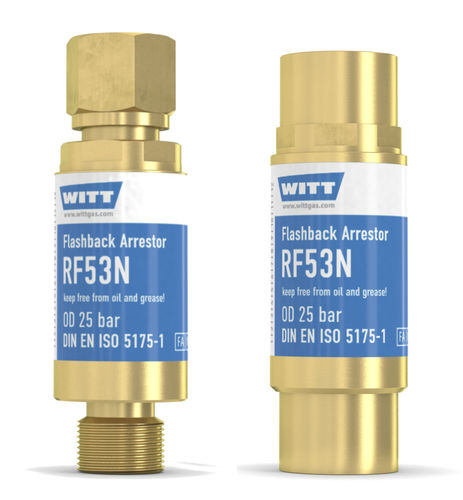 Antirretorno parallamas para la industria del vidrio - RF53N - WITT-Gasetechnik - para hidrógeno / para reguladores de presión / para operación de recorte y soldadura