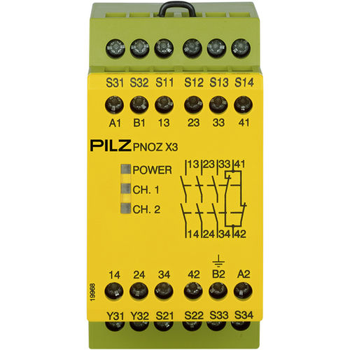 Relé de seguridad de parada de emergencia - PNOZ X3 - PILZ - para montaje en panel / 24 Vcc / 230 V CA