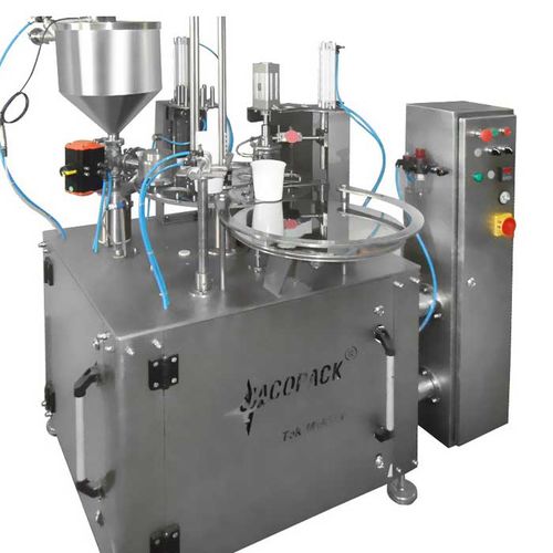 Llenadora selladora de vasos - TEK1 - Jacopack - controlada por PLC / rotativa / para productos cosméticos