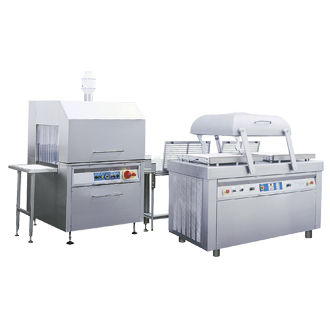 Máquina de acondicionamiento de vacío - SD 520 B + ST 170 - KOMET Maschinenfabrik GmbH - de doble campana / con túnel de retracción