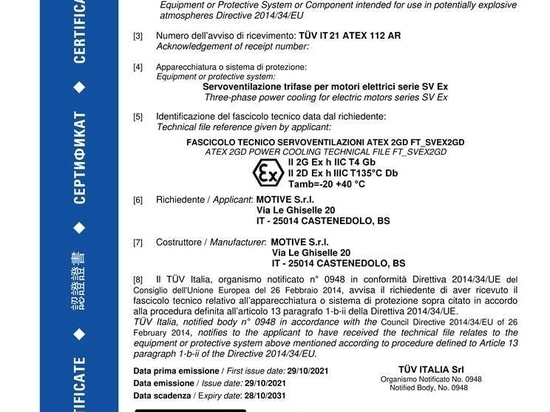 Certificación ATEX Cat. 2 para Motores Sistemas de ventilación forzada