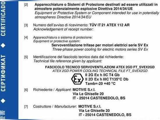 Certificación ATEX Cat. 2 para Motores Sistemas de ventilación forzada