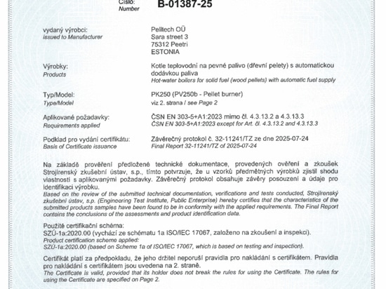 La estufa móvil de pellets PK250 obtiene la certificación completa EN 303-5