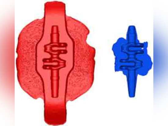 El cigüeñal forjado multi-direccional (azul) comparó con convencionalmente forjado (rojo), demostrando un porcentaje perceptiblemente más bajo de las rebabas. (Ilustración por IPH.)