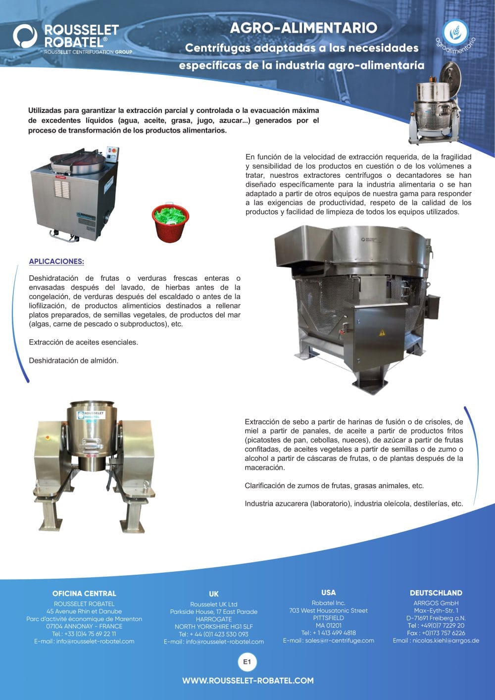Agro-alimentario: centrifugas adaptadas a las necesidades especificas de la industria agro-alimentaria - ROUSSELET ROBATEL