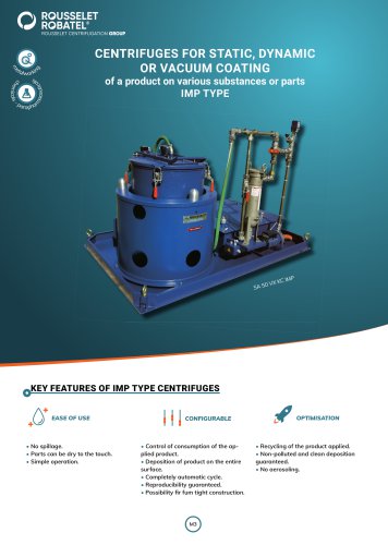 Centrifuges for static, dynamic or vacuum coating of a product on various substances or parts IMP type