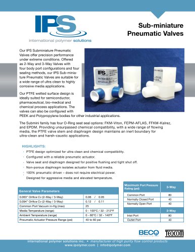 IPS PTFE Submini Pneumatic Valve Catalog