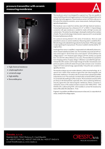 Cressto A series - datasheet - pressure transmitter with ceramic membrane