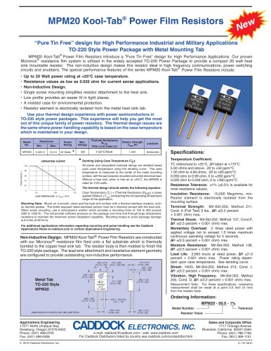 MPM20 TO-220 Metal Tab Power Film Resistors with "Pure Tin Free" Design