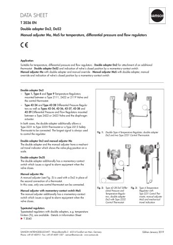 Double adapter Do2, DoS2 Manual adjuster Ma, MaS for temperature, differential pressure and flow regulators