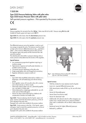 Type 2333 Pressure Reducing Valve with pilot valve Type 2335 Excess Pressure Valve with pilot valve