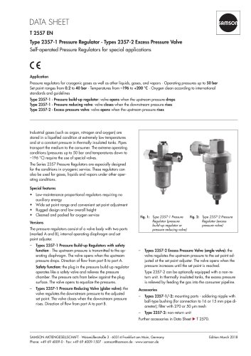 Type 2357-1 Pressure Regulator · Types 2357-2 Excess Pressure Valve