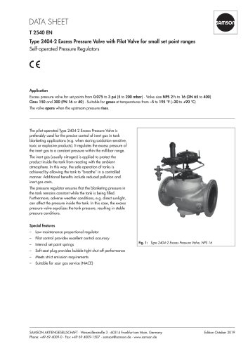 Type 2404-2 Excess Pressure Valve with Pilot Valve for small set point ranges