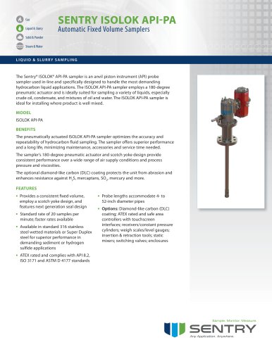 Sentry ISOLOK API-PA Hydrocarbon Liquid Sampler Spec Sheet