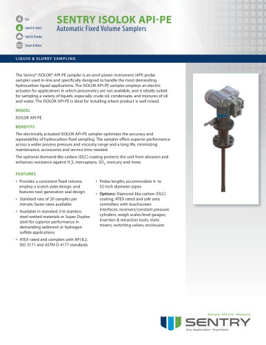 Sentry ISOLOK API-PE Hydrocarbon Liquid Sampler Spec Sheet