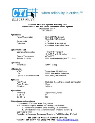 F Series 1 & 2-Axes Industrial Joysticks Reliability Data