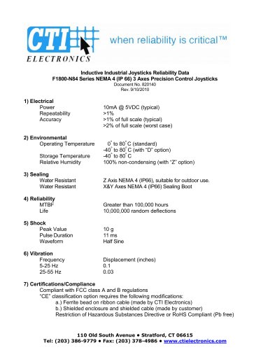 F1800-N84 Series 3-Axis NEMA 4 (IP66) Industrial Joystick Reliability Data