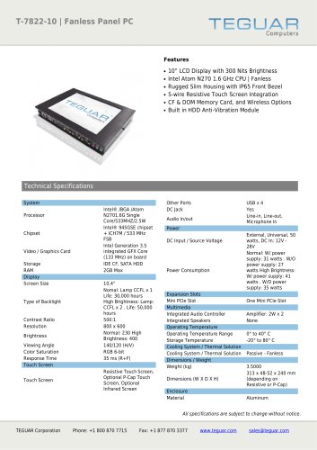 T-7822-10 | FANLESS PANEL PC