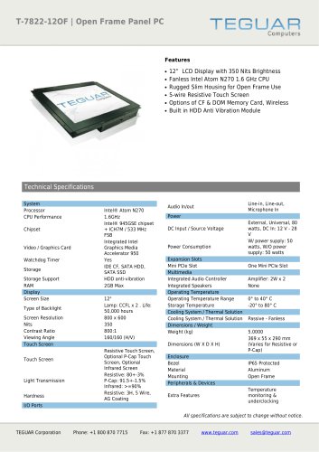 T-7822-12OF | OPEN FRAME PANEL PC